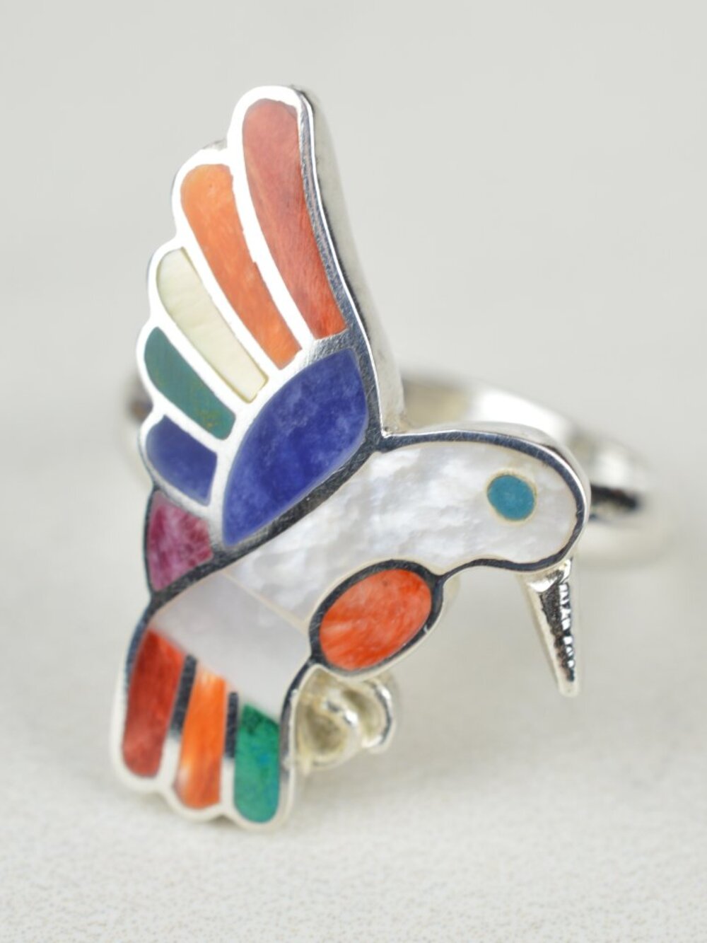 Peruvian Inlay Hummingbird Ring 925 Silver Size 7.5 - Picture 6 of 11